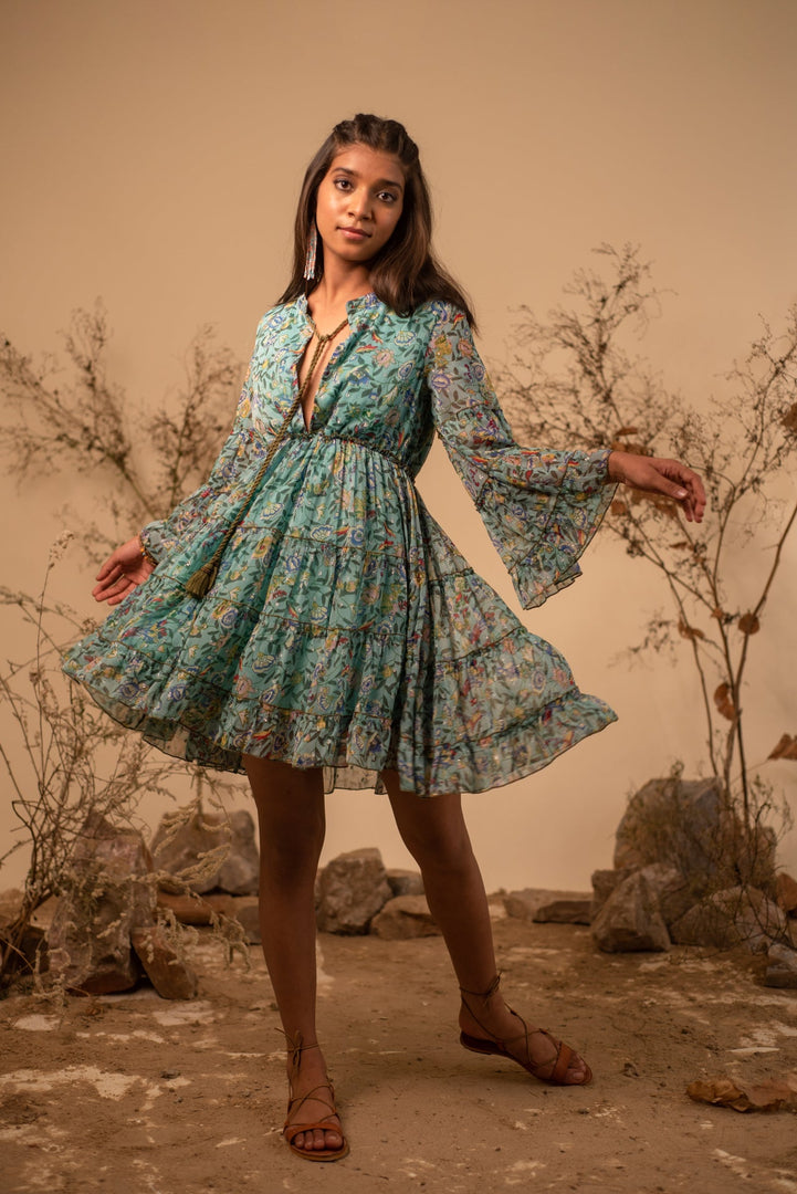 Buy Green Floral Printed Mandarin Collar Dress with Tie up