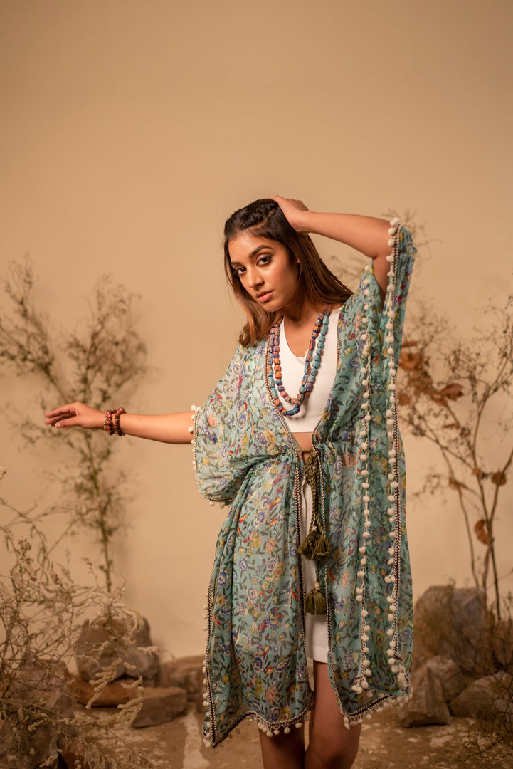 Green Floral Printed Kaftan