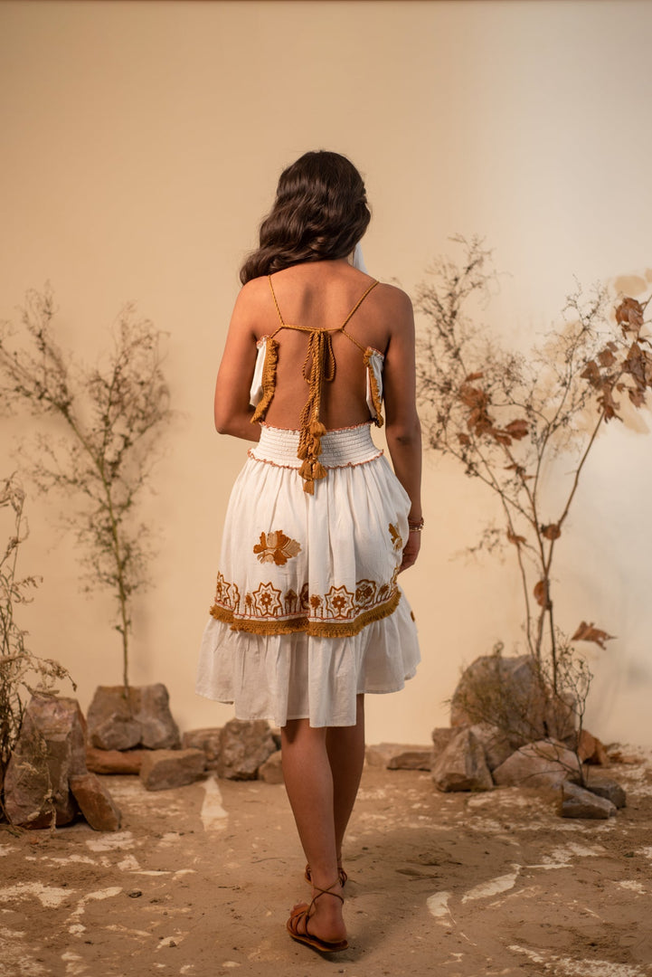 White Chain Embroidered Boho Dress