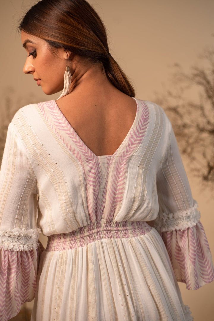 White And Pink V Neck Dress